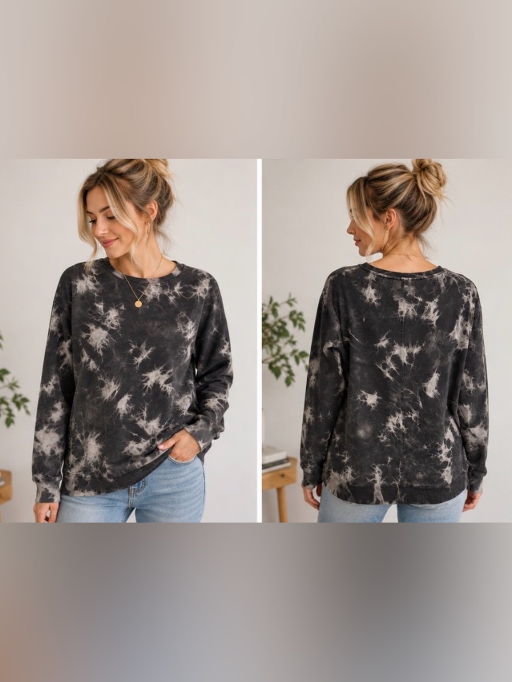 316 Jane & Delancey Black Gray Tie Dye Pullover Sweatshirt Top Small cozy Soft